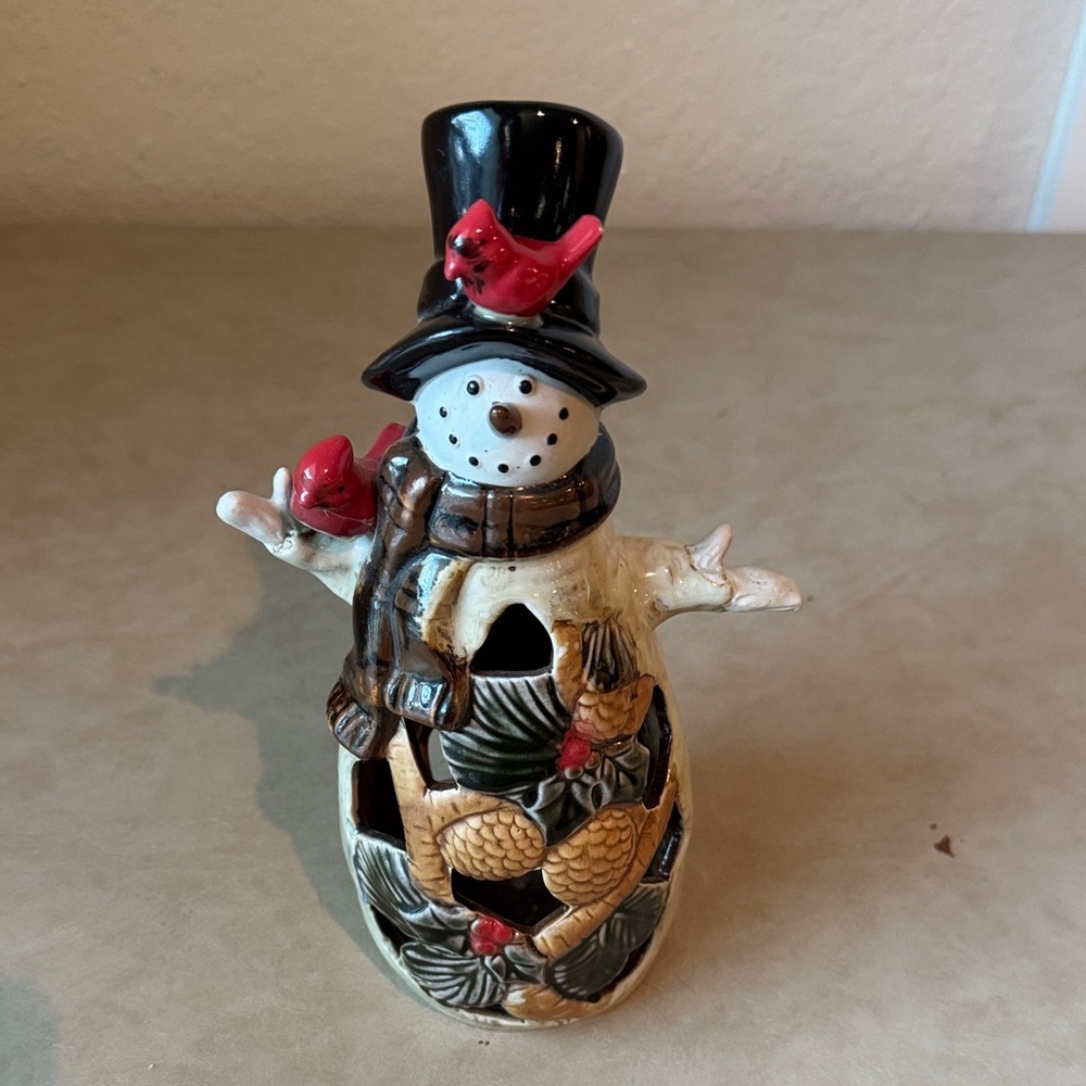 Festive Snowman Candle Holder with Cardinals